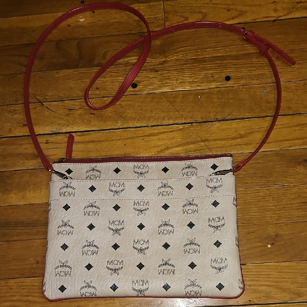 MCM Beige Logo Crossbody with Red Trim